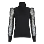 Puff Sleeve Mesh Polka Dot Turtleneck Pullover Top