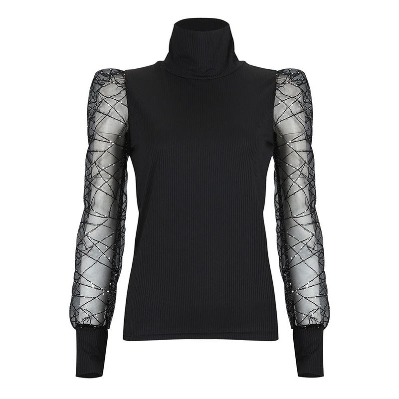 Puff Sleeve Mesh Polka Dot Turtleneck Pullover Top