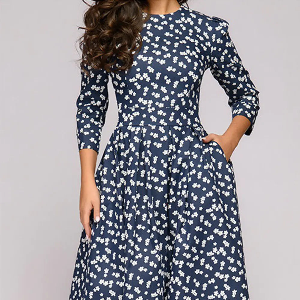 2019 Autumn Winter Vintage Floral A-Line Midi Dress