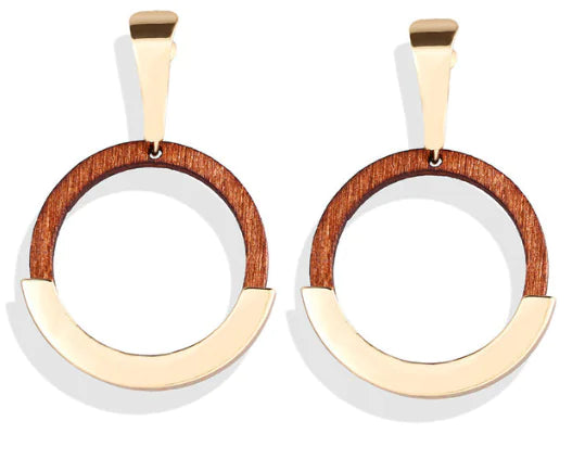 Geometric Round Wooden Color Block Earrings for Women