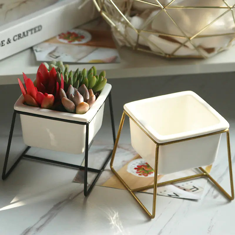 Nordic Style Ceramic Flower Pot with Iron Stand