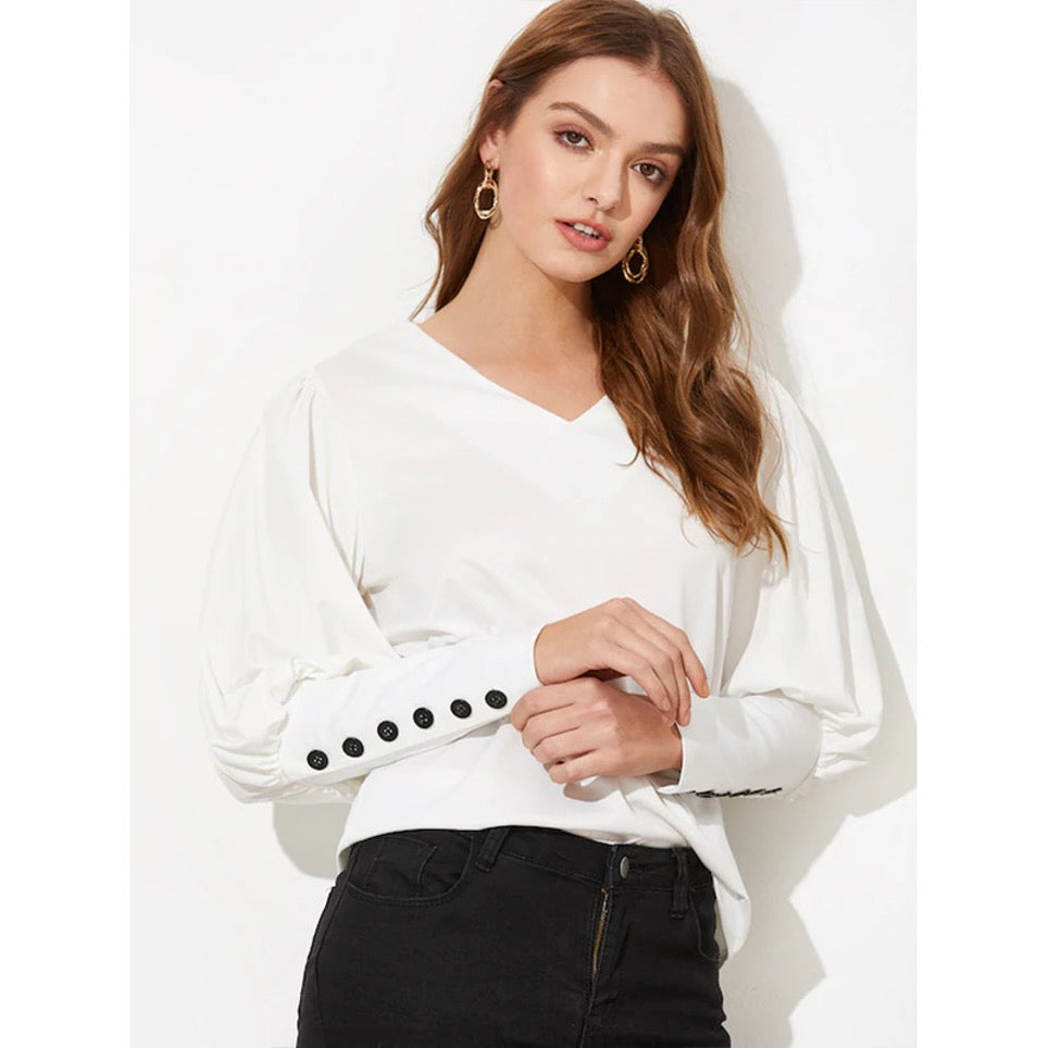 V-udskæring løs skjorte med lanterneærmer og knapper