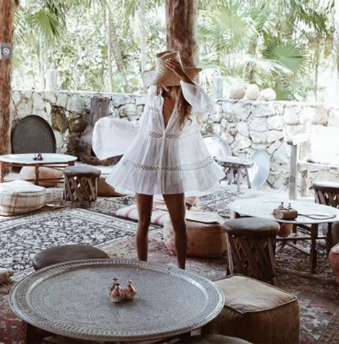 Plus Size Hollow Out Bell Sleeve Beach Cover-Up