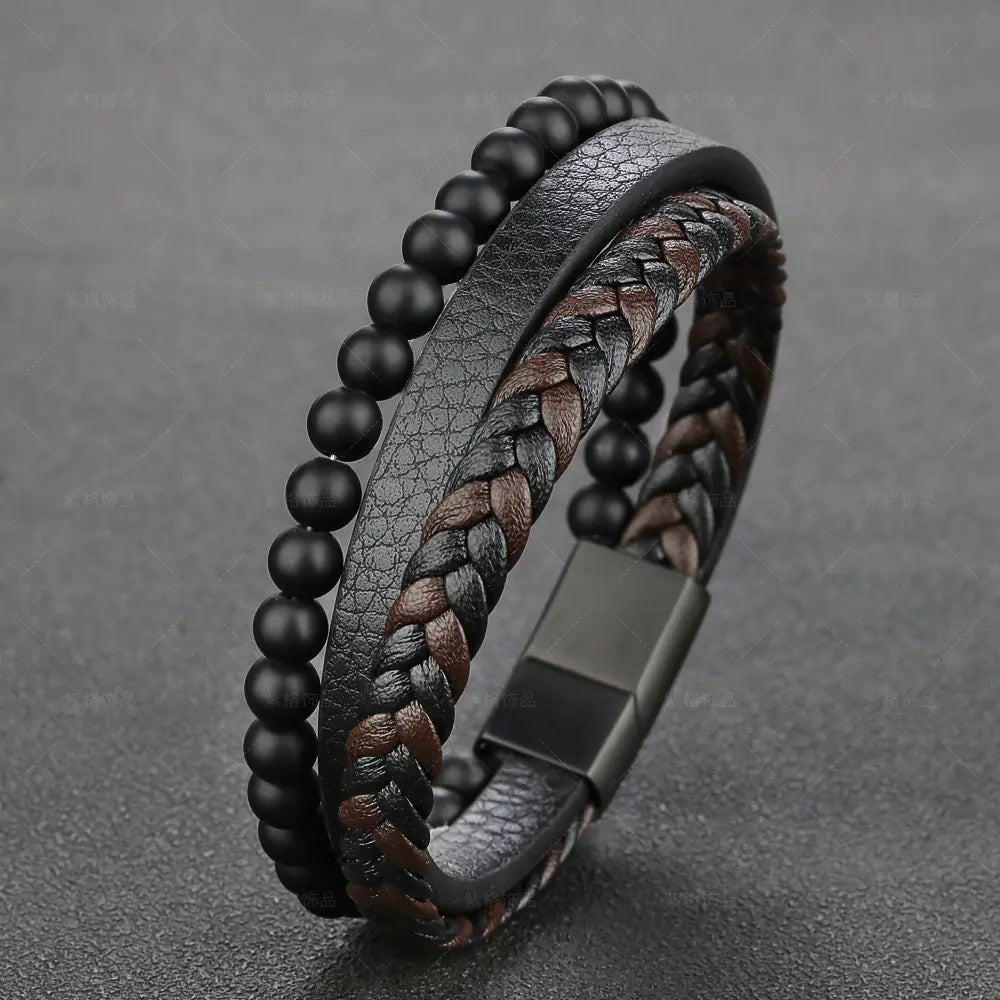 Natural Stone Lava Rock Leather Bracelet for Men