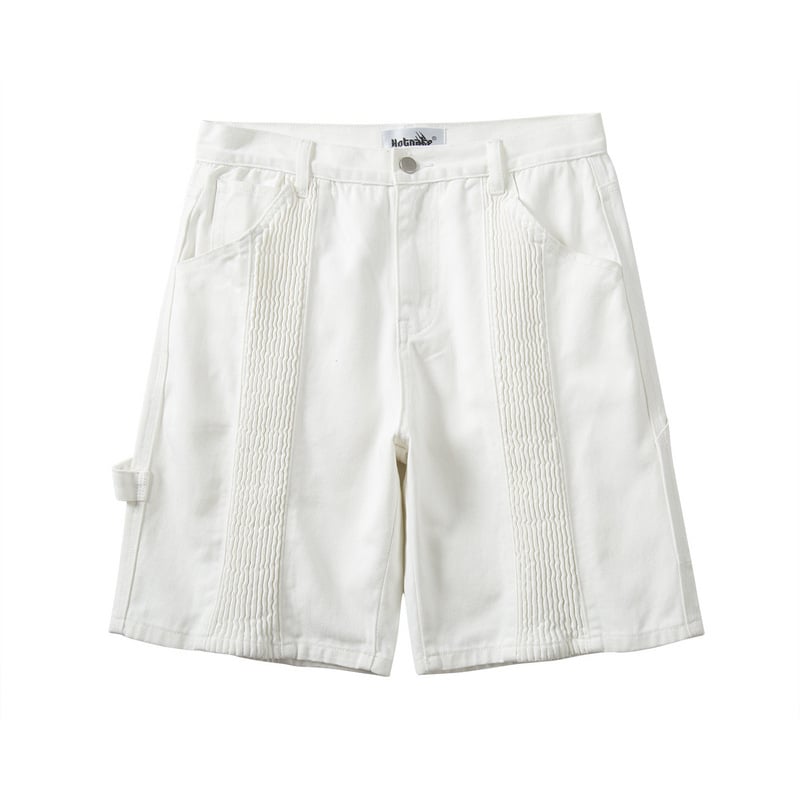 Pleated Panel Ribbon Denim Cargo Shorts
