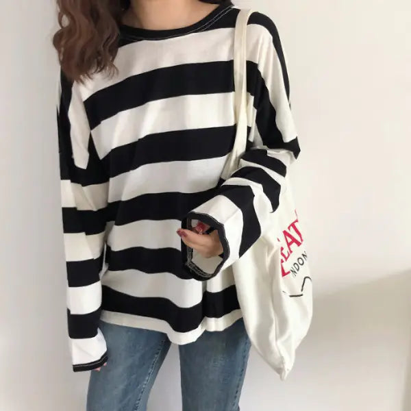 Hip-Hop Style Long Sleeve Striped T-Shirt for Women