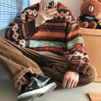 Herresweater med vintage-grafik i strik – brun/blå