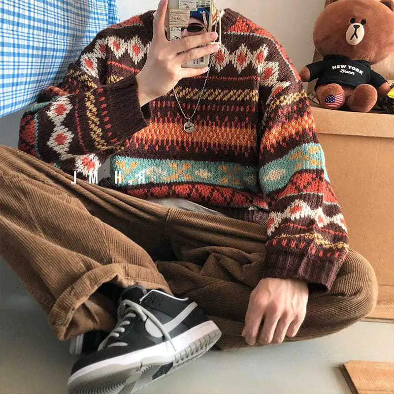 Herresweater med vintage-grafik i strik – brun/blå