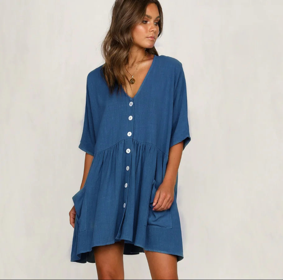 V-Neck Pocket Short Dress