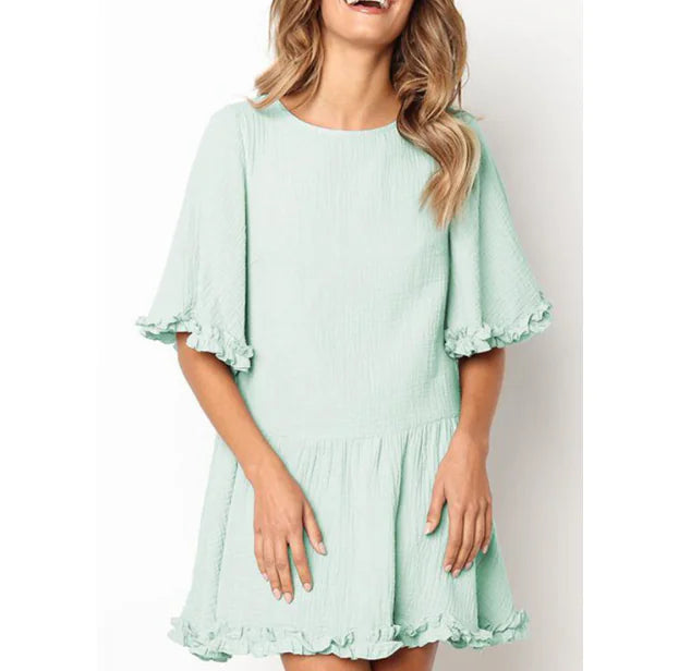 LIVA2018 Women's White Round Neck Flare Dress