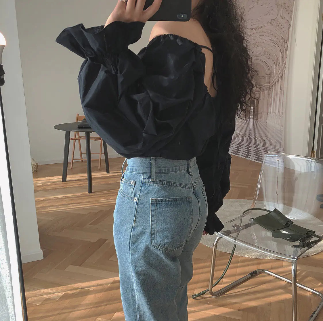 Retro French Puff Sleeve Off-Shoulder Blouse Shirt