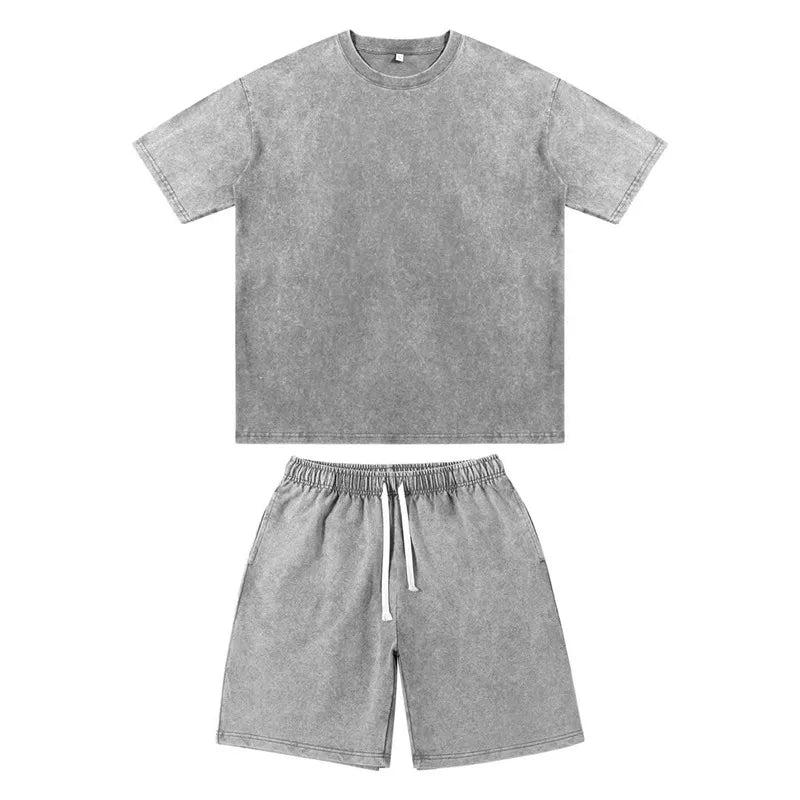 Acid Washed Round Neck T-Shirt Set