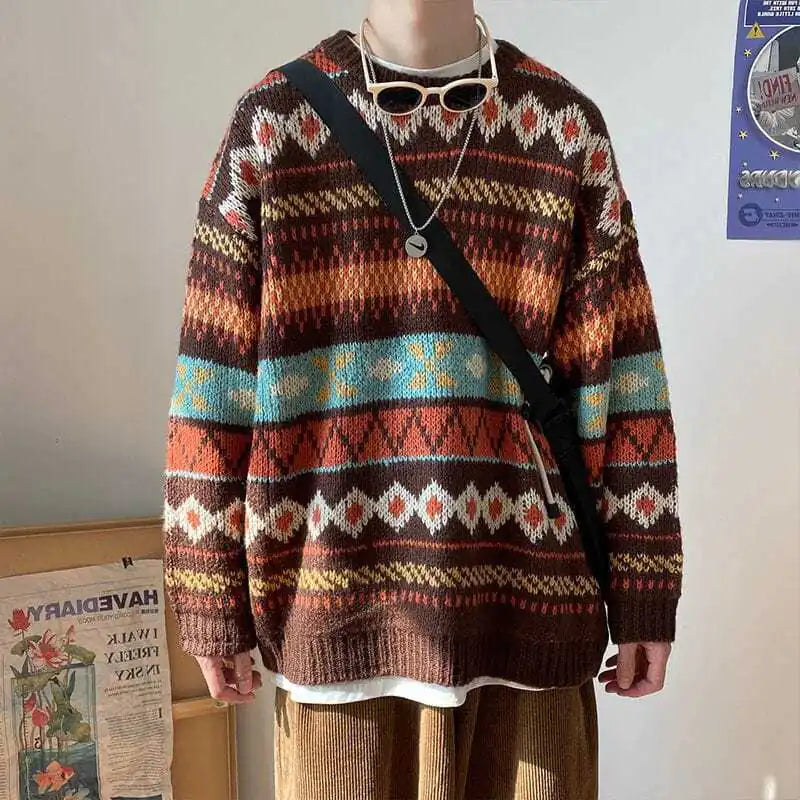 Herresweater med vintage-grafik i strik – brun/blå
