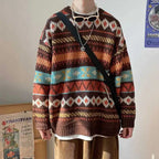 Herresweater med vintage-grafik i strik – brun/blå