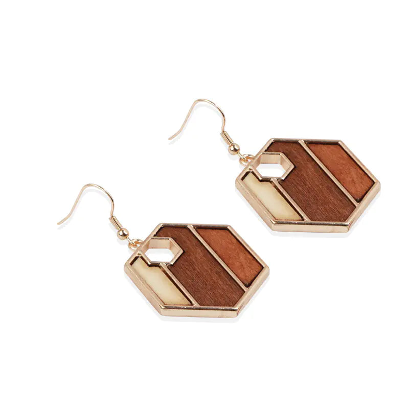 Geometric Round Wooden Color Block Earrings for Women
