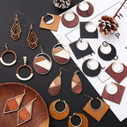 Geometric Round Wooden Color Block Earrings for Women