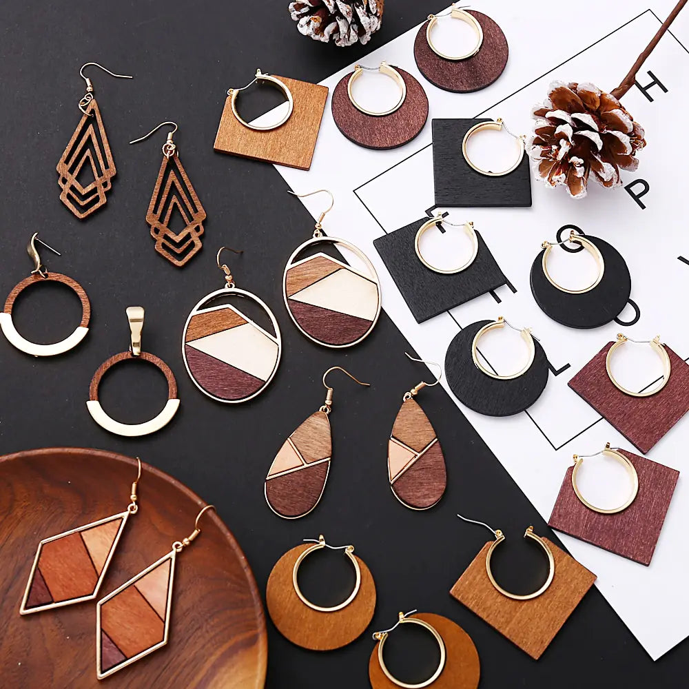 Geometric Round Wooden Color Block Earrings for Women