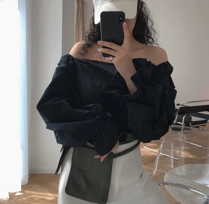 Retro French Puff Sleeve Off-Shoulder Blouse Shirt