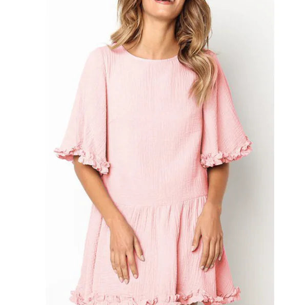 LIVA2018 Women's White Round Neck Flare Dress