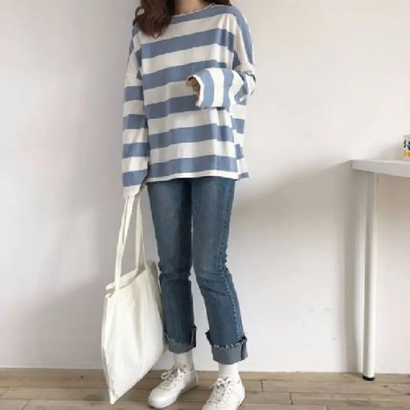 Hip-Hop Style Long Sleeve Striped T-Shirt for Women