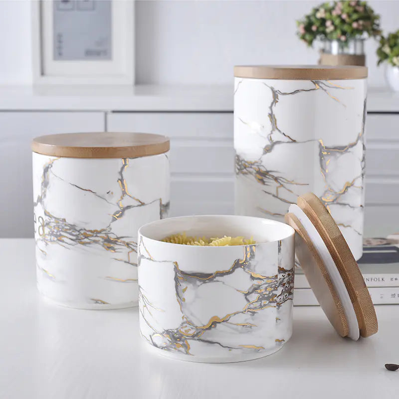 Nordic Marble Pattern Ceramic Storage Jar with Lid