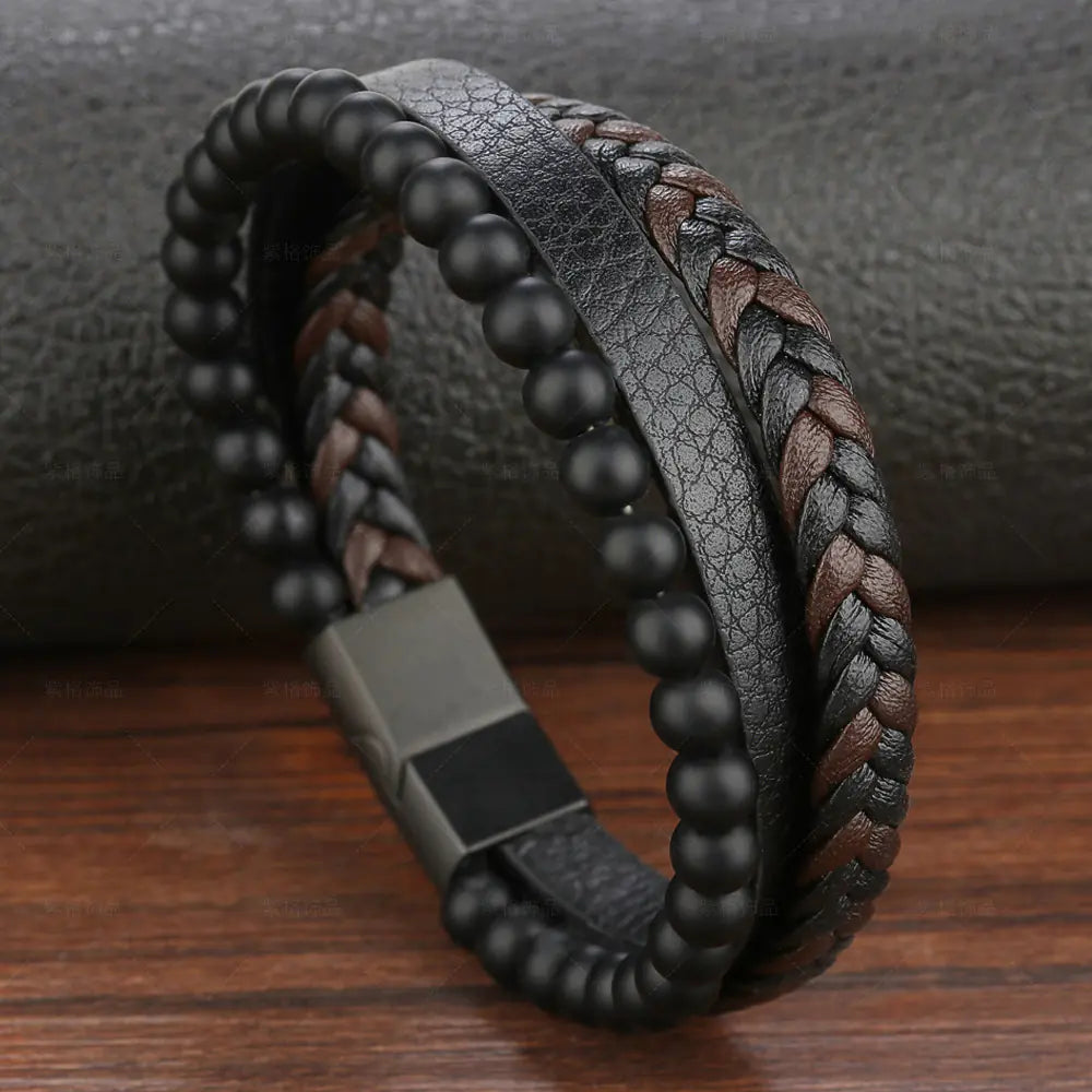 Natural Stone Lava Rock Leather Bracelet for Men