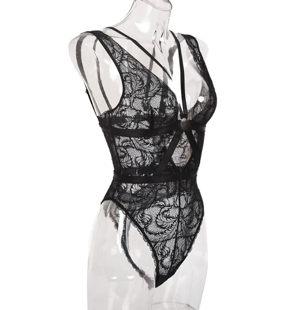 V-Neck Lace Panel Sheer Slimming Bodysuit