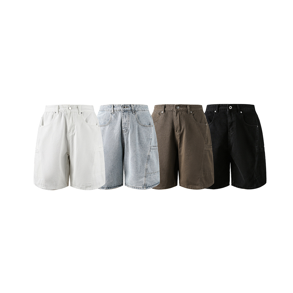 Pleated Panel Ribbon Denim Cargo Shorts