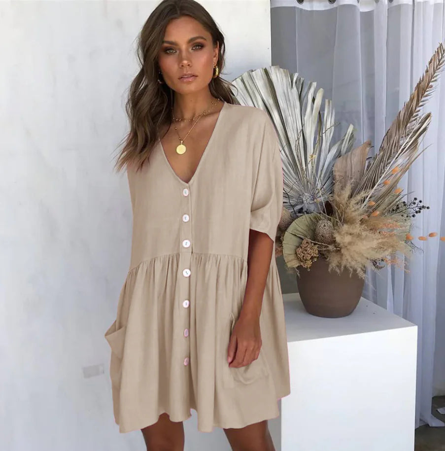 V-Neck Pocket Short Dress