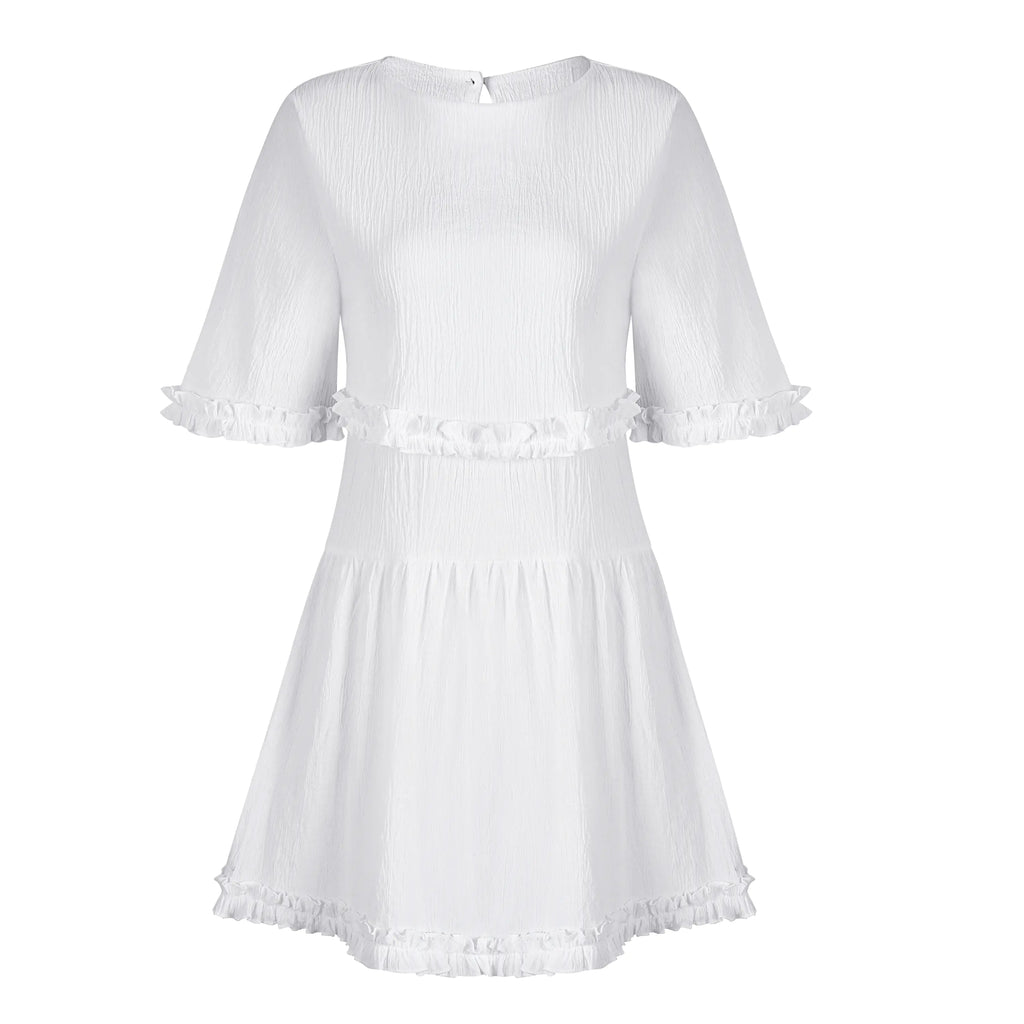 LIVA2018 Women's White Round Neck Flare Dress