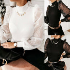 Puff Sleeve Mesh Polka Dot Turtleneck Pullover Top