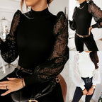 Puff Sleeve Mesh Polka Dot Turtleneck Pullover Top