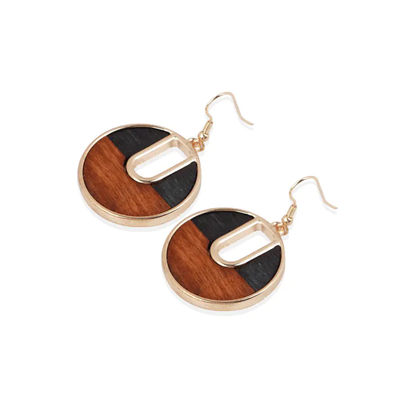 Geometric Round Wooden Color Block Earrings for Women