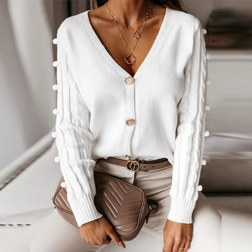 Dame langærmet V - hals strikket cardigan sweater - StilNord