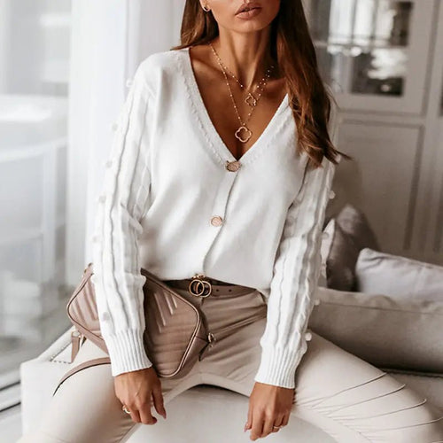 Dame langærmet V - hals strikket cardigan sweater - StilNord