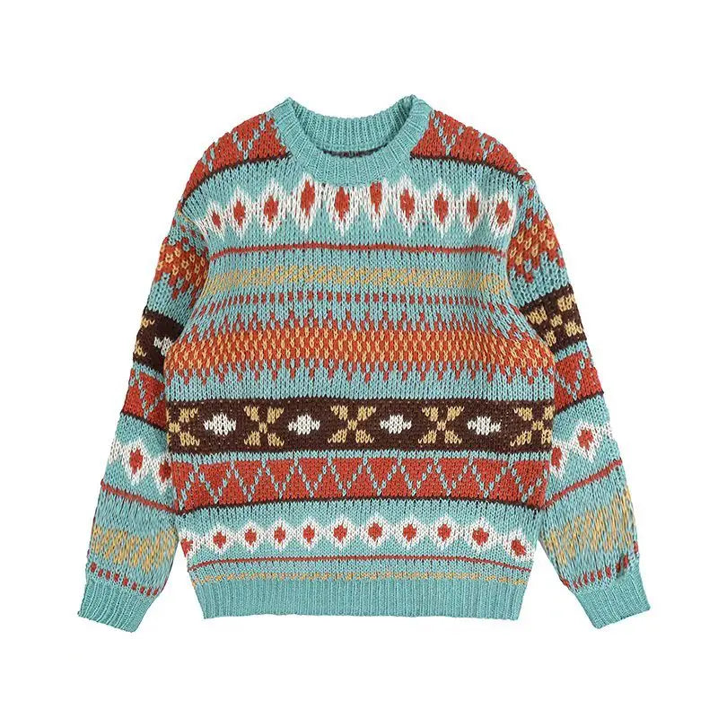 Herresweater med vintage-grafik i strik – brun/blå