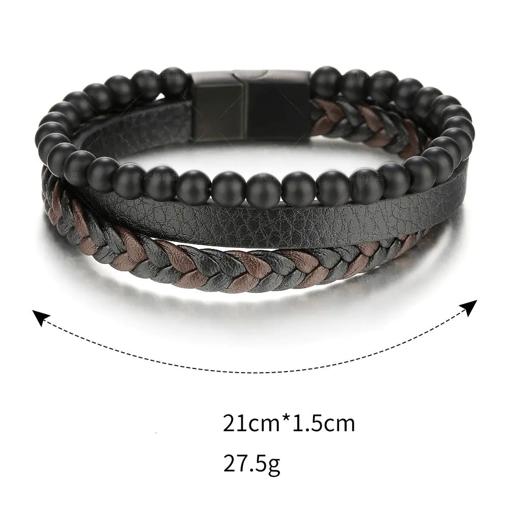 Natural Stone Lava Rock Leather Bracelet for Men