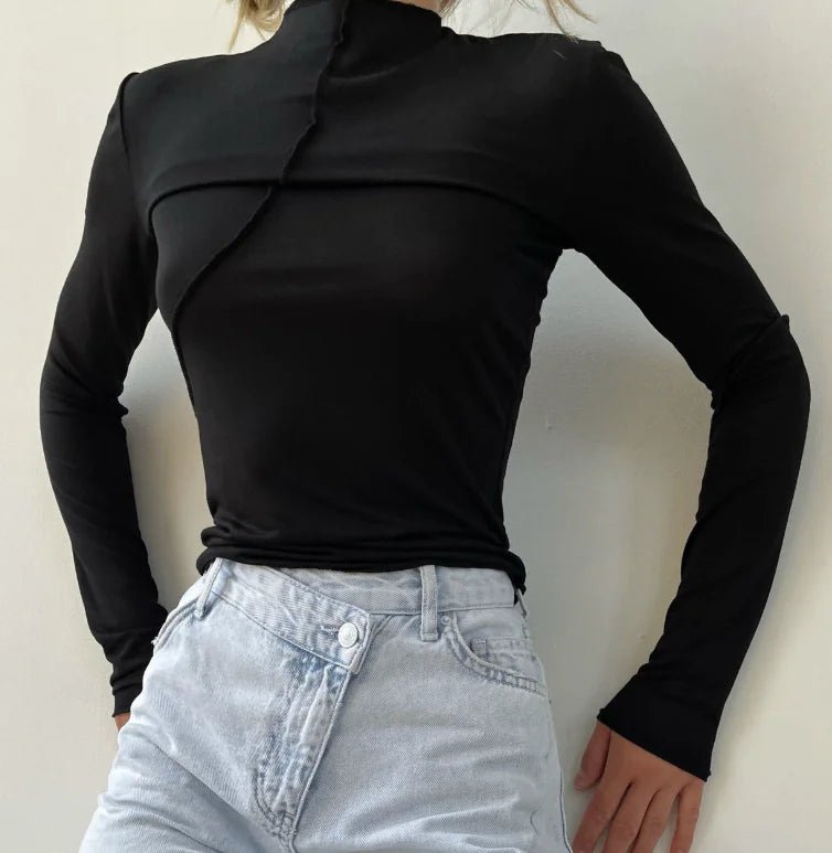 Fashionable Slim Fit Long Sleeve Top with Asymmetrical Design - StilNord