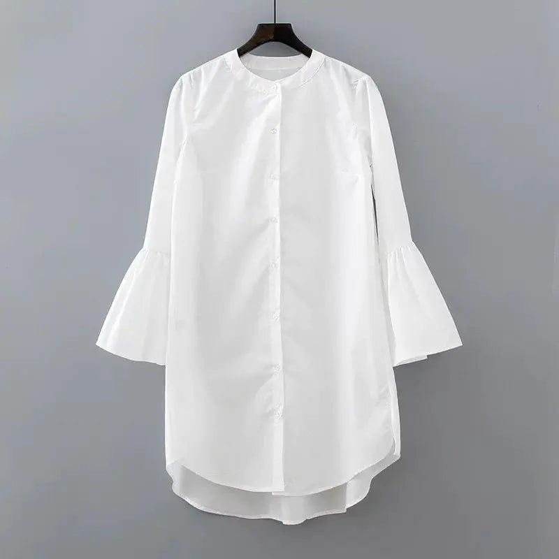 New Autumn European Style Long Shirt Dress with Bell Sleeves