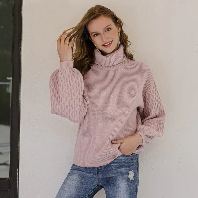 Efterår/vinter sweater med høj hals og lanterneærmer