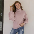 Efterår/vinter sweater med høj hals og lanterneærmer