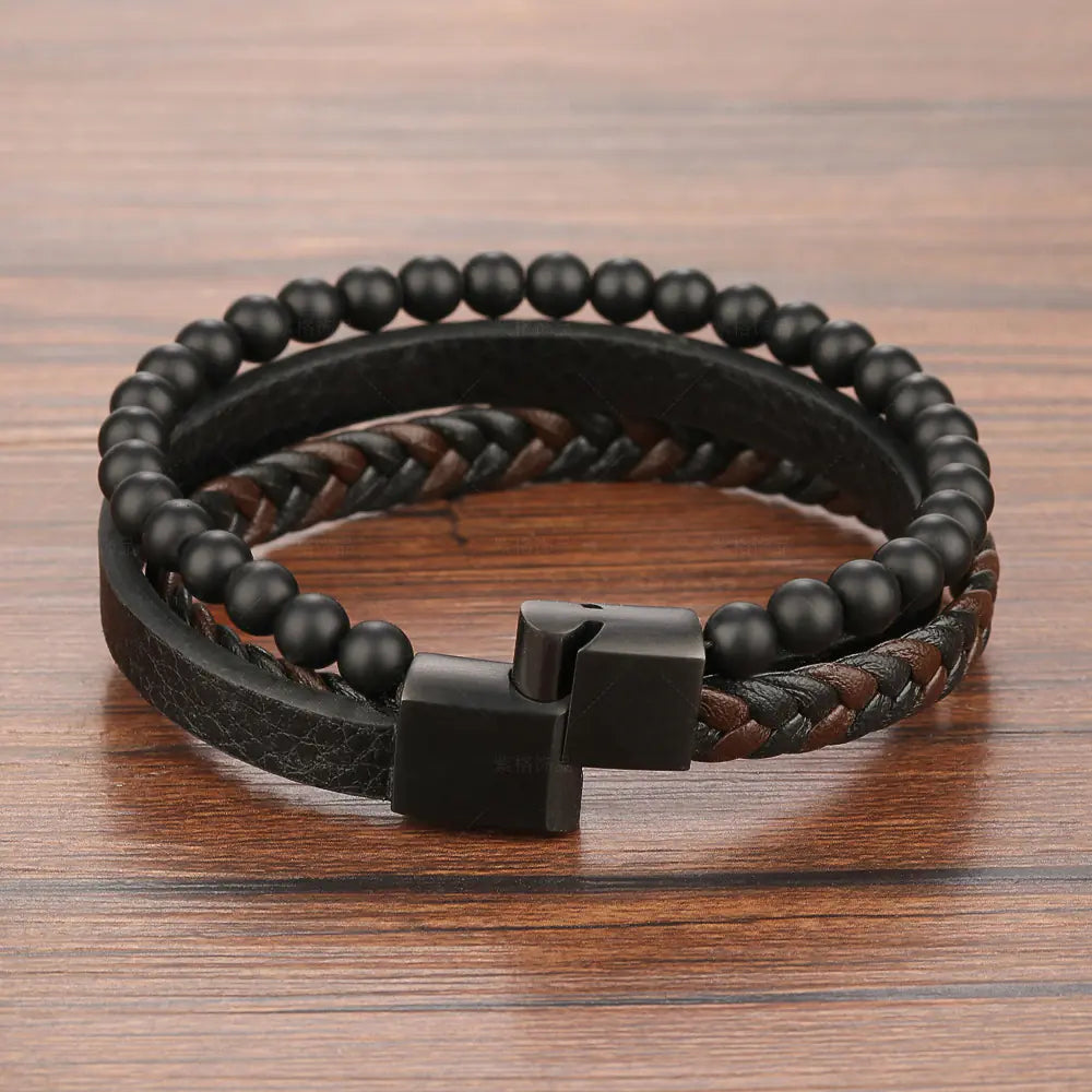 Natural Stone Lava Rock Leather Bracelet for Men