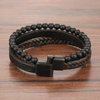 Natural Stone Lava Rock Leather Bracelet for Men