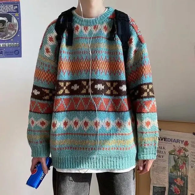 Herresweater med vintage-grafik i strik – brun/blå