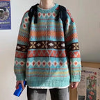 Herresweater med vintage-grafik i strik – brun/blå
