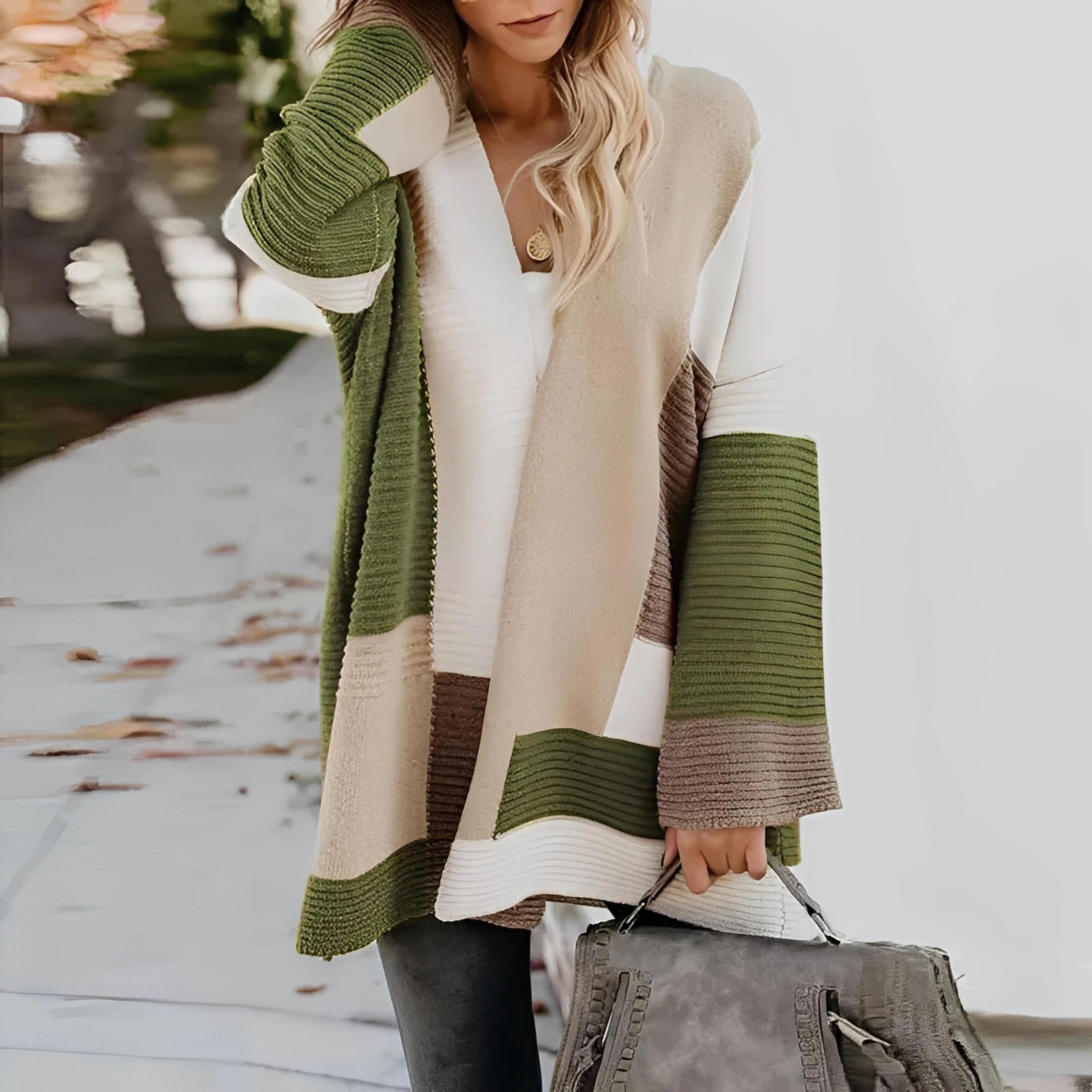 Kvinde plus-size farveblokstrikkede cardigan.