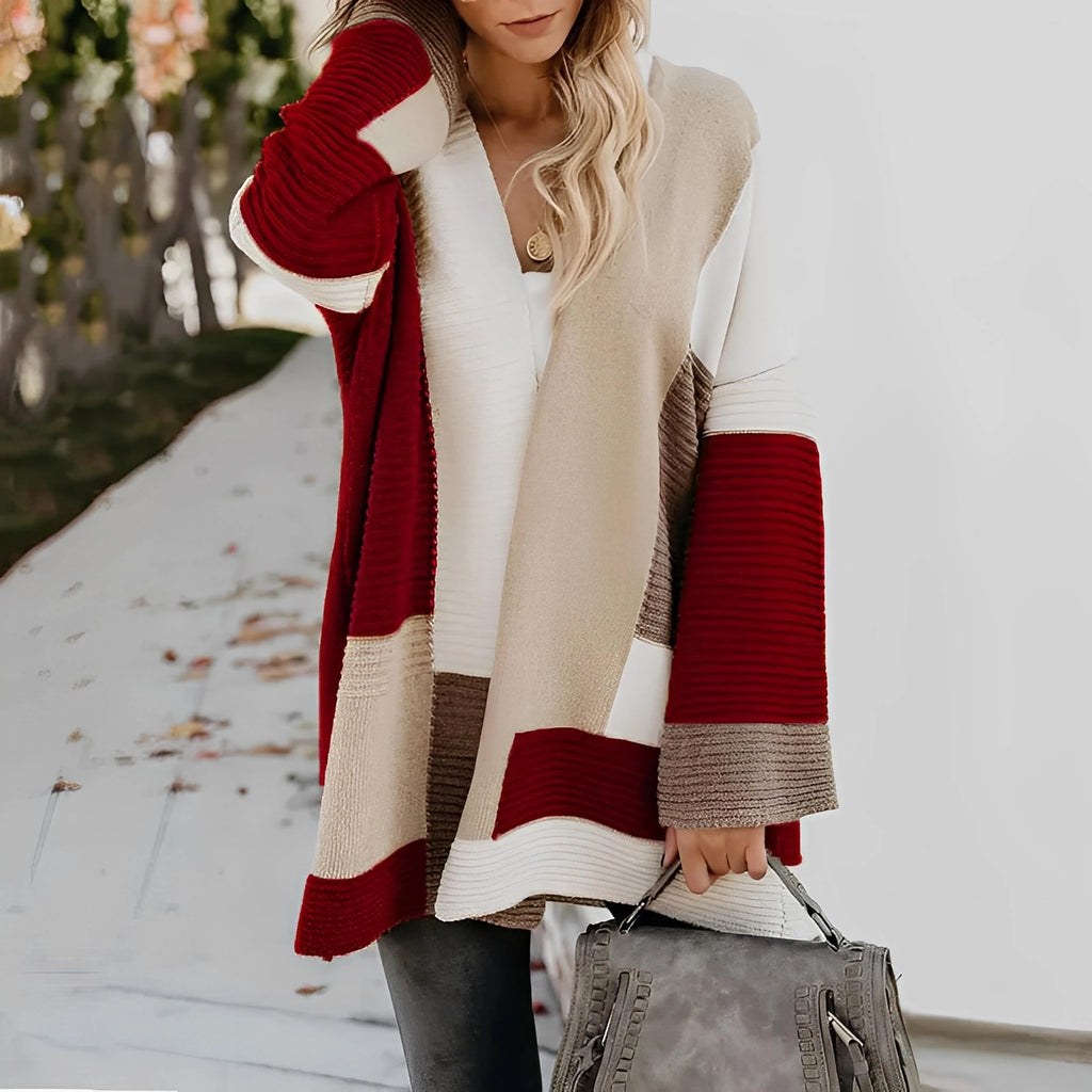 Kvinde plus-size farveblokstrikkede cardigan.