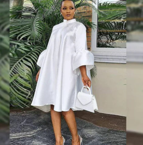 New Autumn European Style Long Shirt Dress with Bell Sleeves