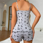 Ladies Sexy 2 Piece Lace Pajama Set with Deep V Neck - StilNord