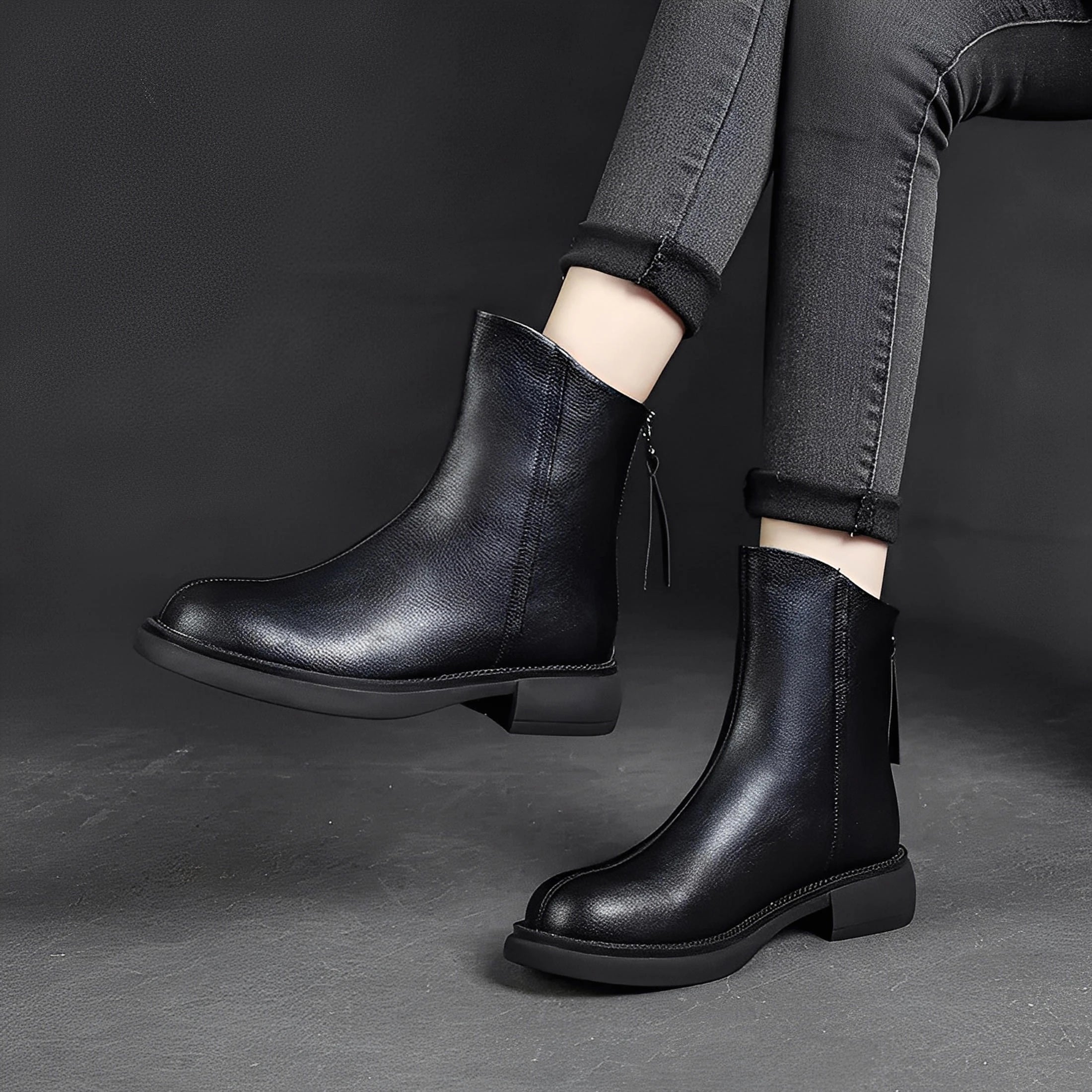 Læderstøvler med tyk hæl og baglynlås.